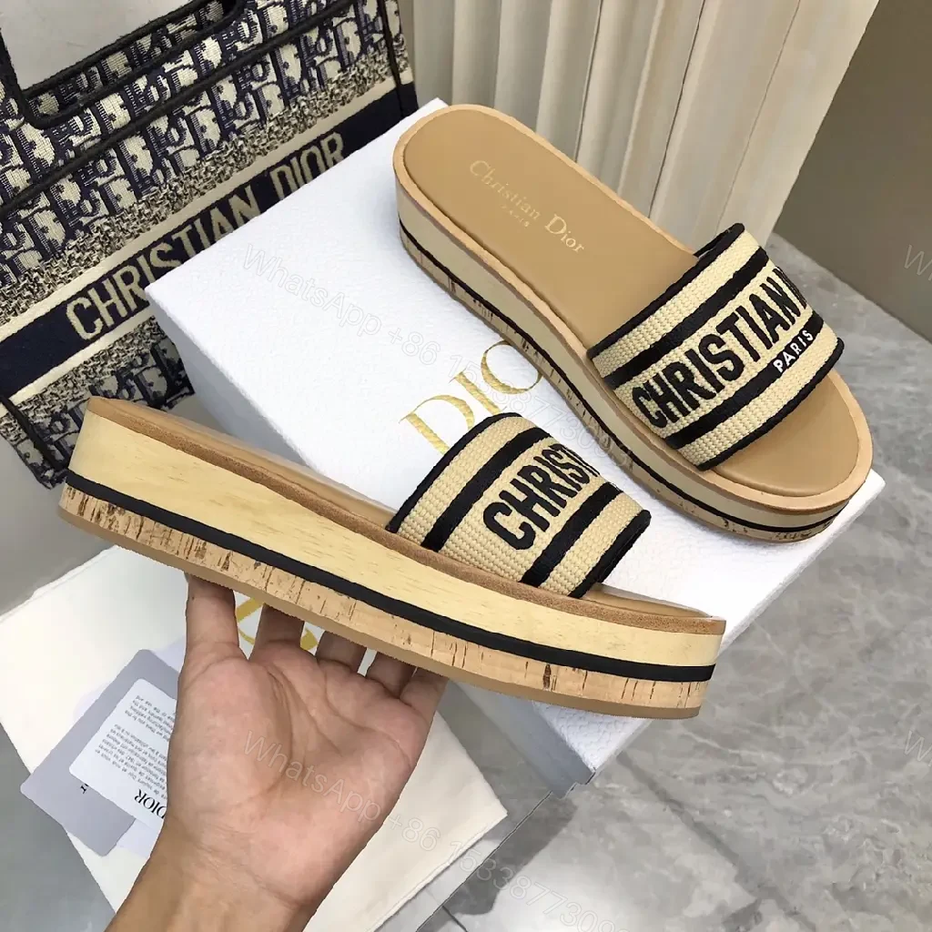 View 6 of Beige Leather Canvas Slip-Ons Dior-Style Logo Strap Sandals