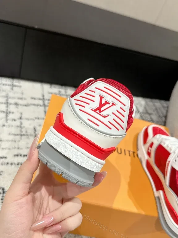 View 3 of Bold Red-White Luxe High-Top Sneaker with LV-Inspired Details