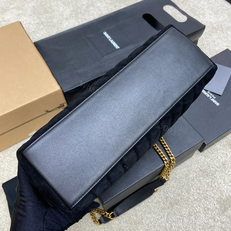 View 8 of Chic Quilted Black Velvet Messenger: YSL Logo Bag