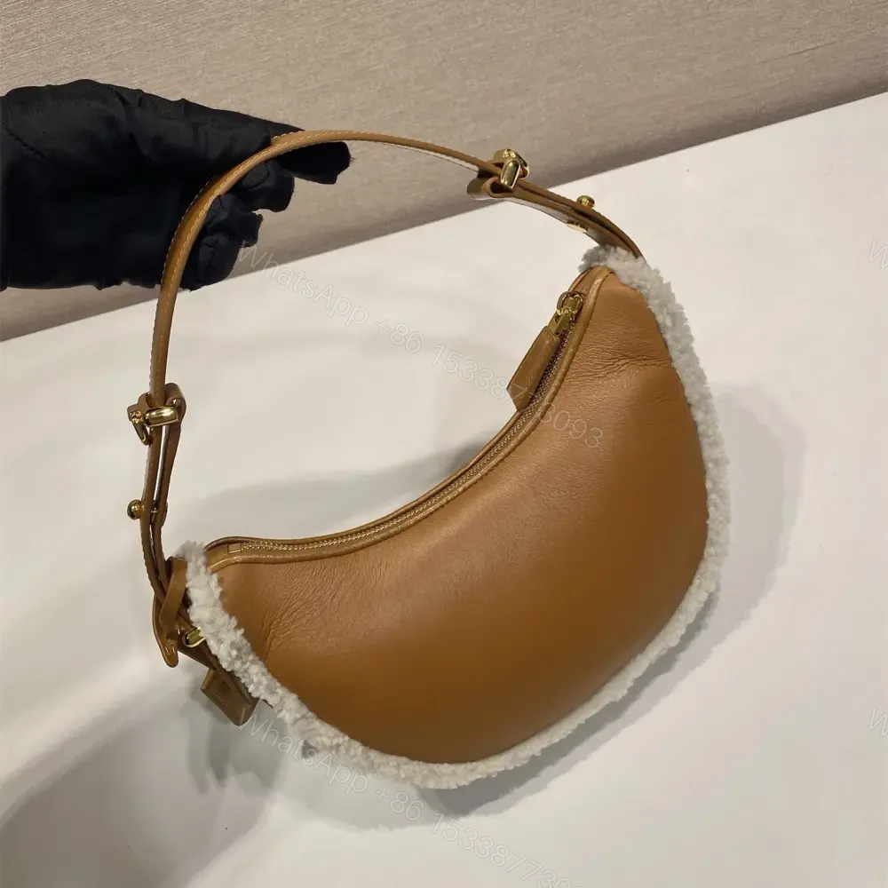 View 2 of 高仿Prada*Moon系列1BC194小羊皮羊毛半月包干邑色免檢版