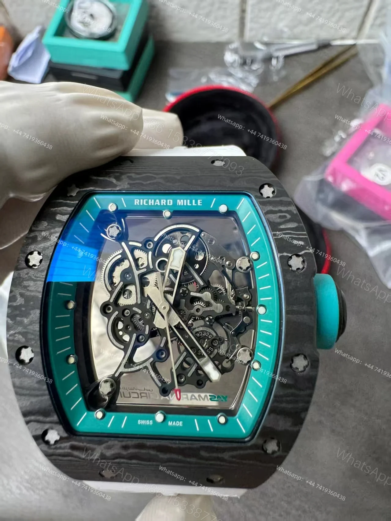 View 14 of Richard Mille RM 055 “Yas Marina Circuit” Carbon TPT Vaucher Free-Sprung White Rubber Strap Custom Super Clone