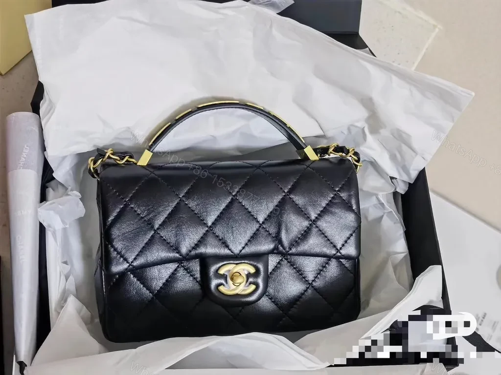 Compact Diamond-Quilt Crossbody Bag: Black Leather, Gold Hardware — view 1
