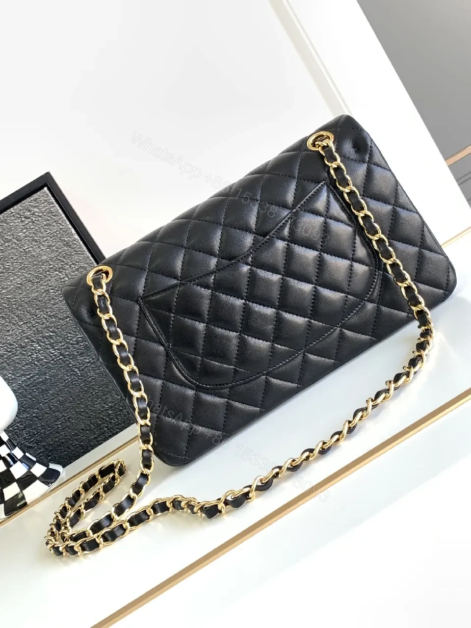 View 7 of Chic Quilted Black Leather Flap Bag with Gold Chain