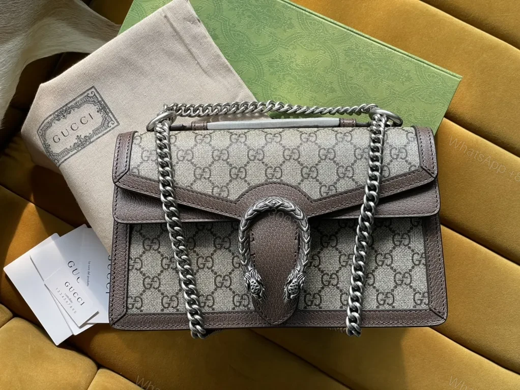 Brown Leather-Trim GG Supreme Shoulder Bag with Bold Chain Strap — view 1