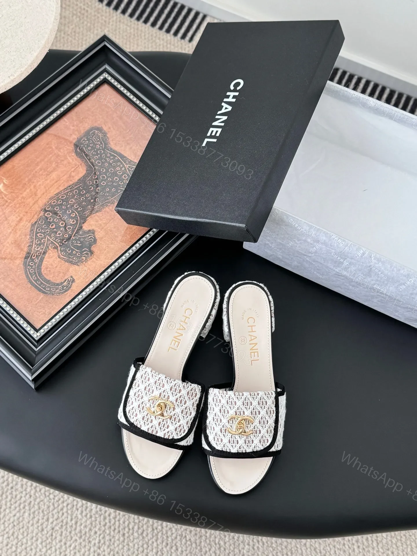 Chanel Women White Fabric Black Trim Slides — view 1