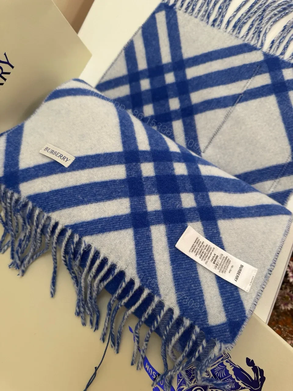 View 4 of Blue Plaid Throw with Fringed Edge – Luxurious All-Season Comfort