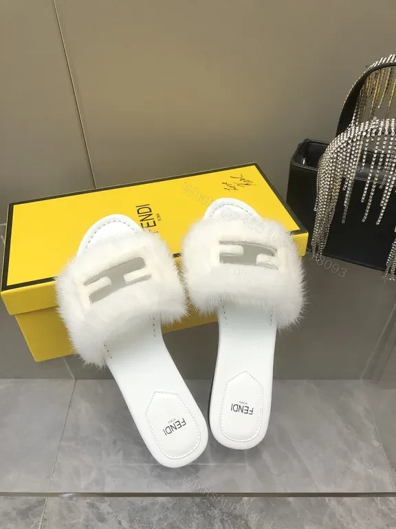 View 3 of White Faux-Fur Rim Slide Sandals: Luxury Comfort, Minimalist Chic