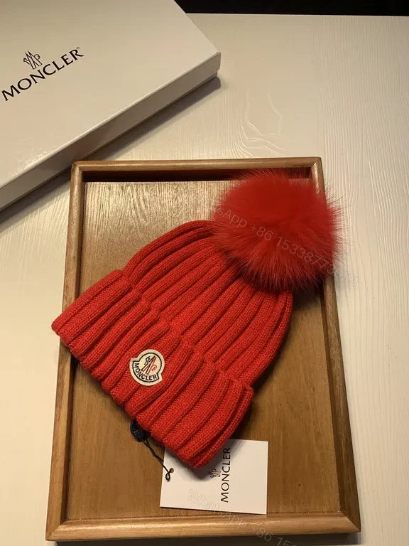 View 9 of Bold Red Knit Beanie with Plush Pom-Pom - Moncler Warmth