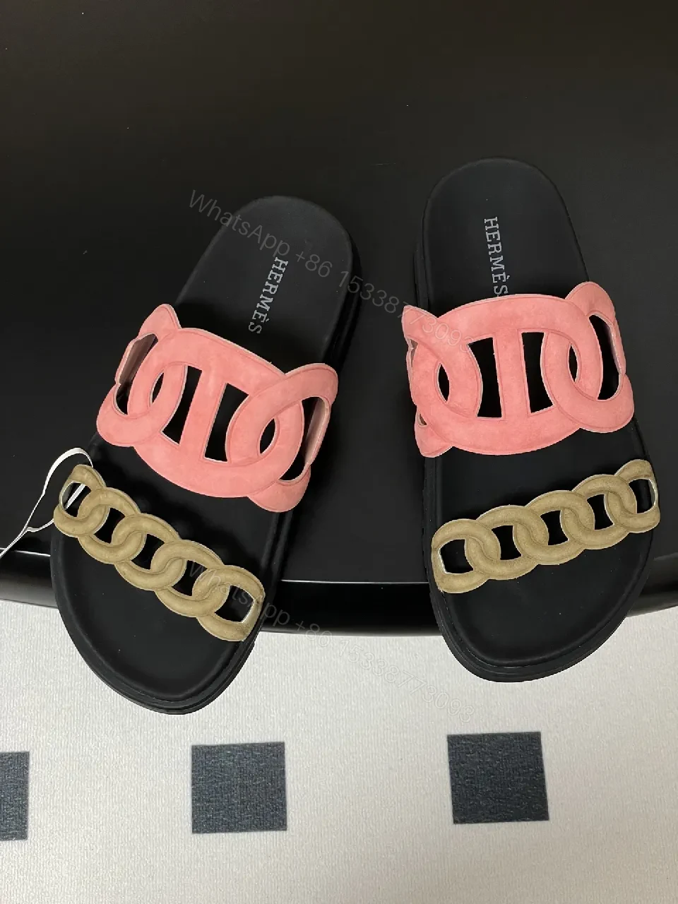 View 7 of Soft-Statement Sandals with Chain Straps: Pink & Beige Suede Style