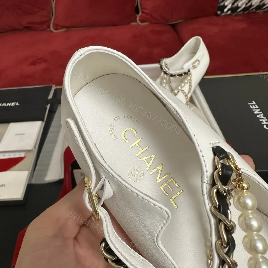 View 4 of White Leather Ankle Boots with Pearl Chain Detail, Black Toe Cap