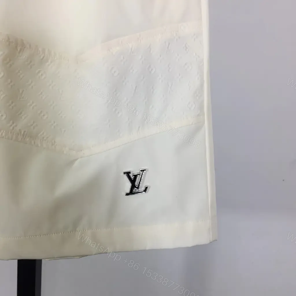 View 9 of Cream Canvas Shorts - Relaxed Style, Drawstring Waist, LV Logo