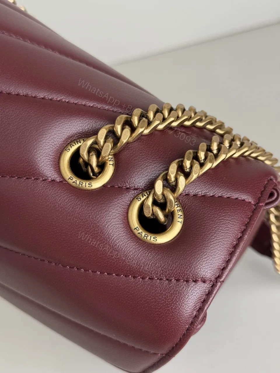 View 4 of Burgundy Quilted Leather Shoulder Bag with Gold Hardware