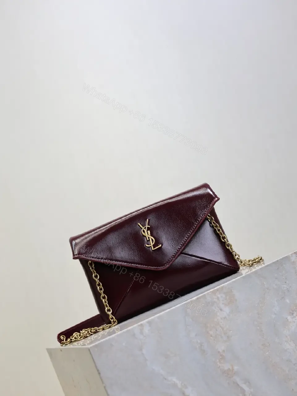 View 7 of Burgundy Leather Crossbody, Satin-Gloss, Gold Hardware, Chic Couture