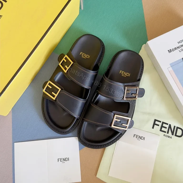 View 4 of Bold Leather Fendi Slides - Minimalist Luxury, Contoured Comfort
