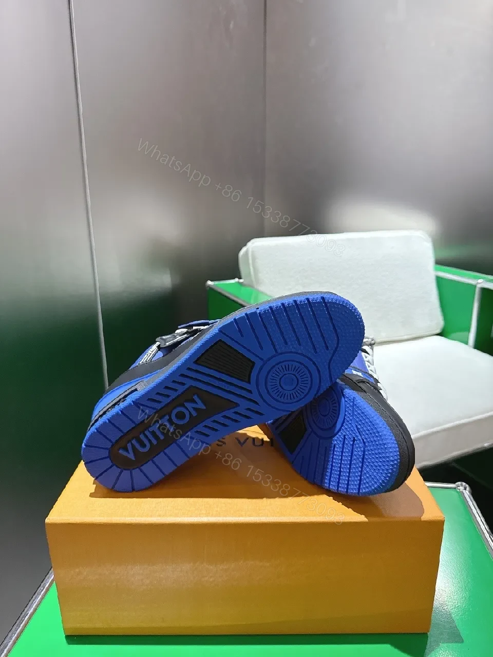View 9 of Blue & Black High-Top Luxury Sneakers with Monogram Details