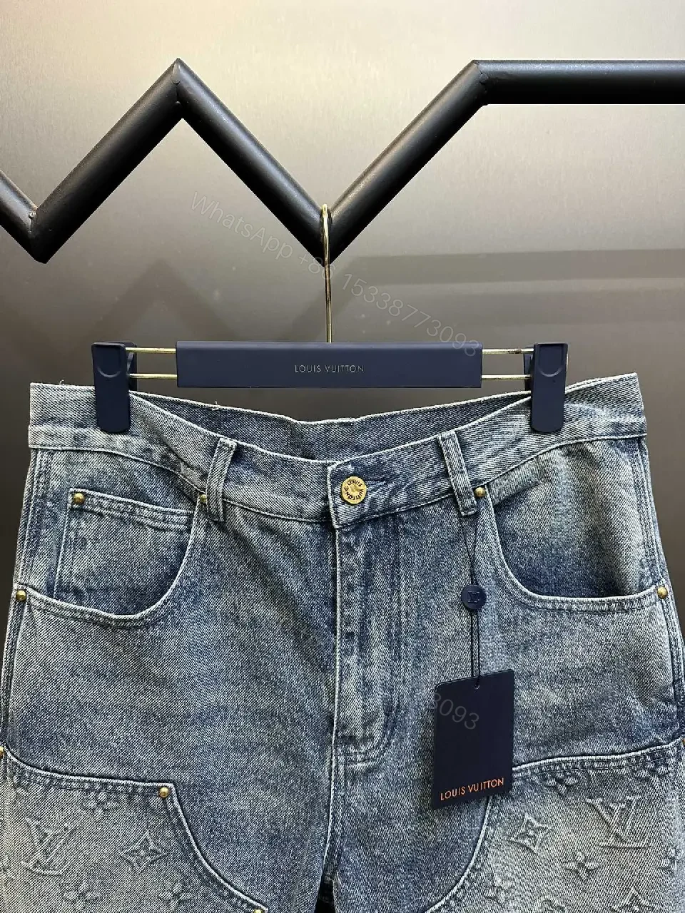 View 9 of Blue Denim Jeans Short - Louis Vuitton Embroidered Style Key Feature