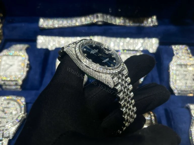 View 3 of Datejust 41mm Super Clone Blue Dial Custom Full Moissanite Diamonds