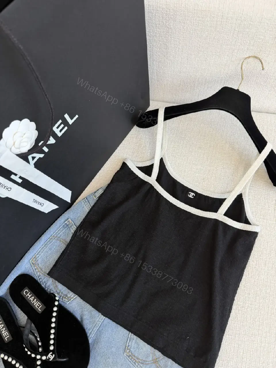View 9 of Black Top with White Trim Sleeveless Camisole - Chanel Logo Detail