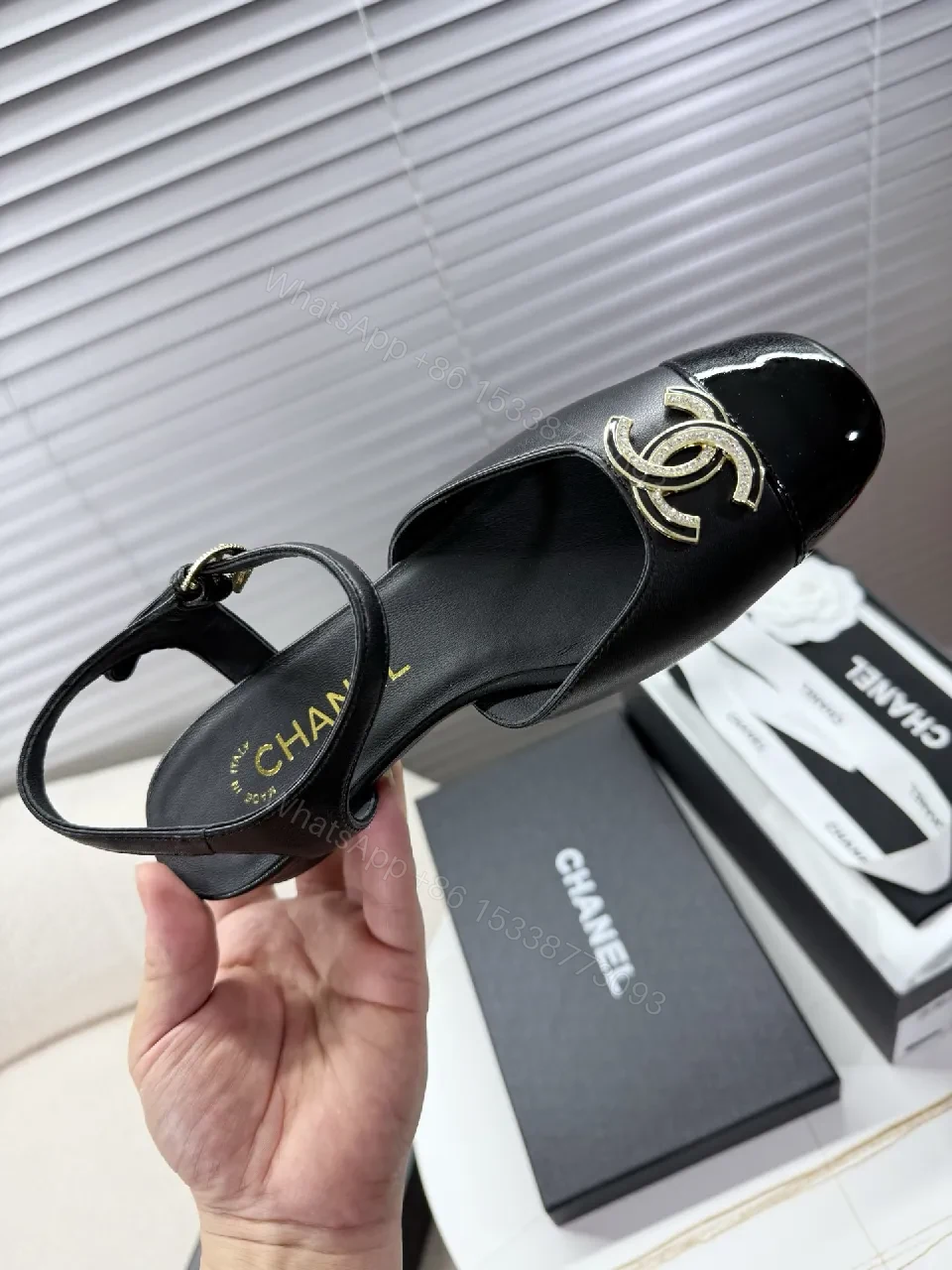 View 4 of Black Satin-Patent Slingback Flats with Gold Logo Hardware