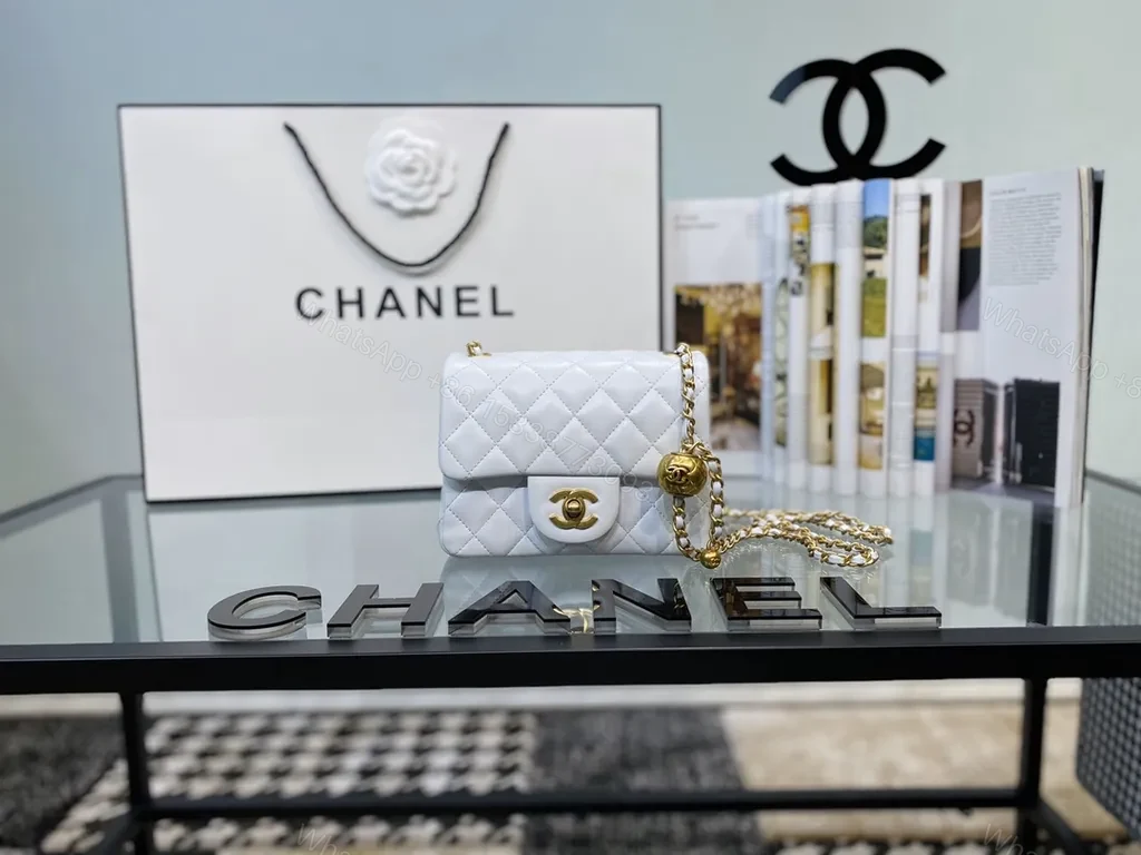 View 8 of Pristine White Quilted Bag with Gold Chain