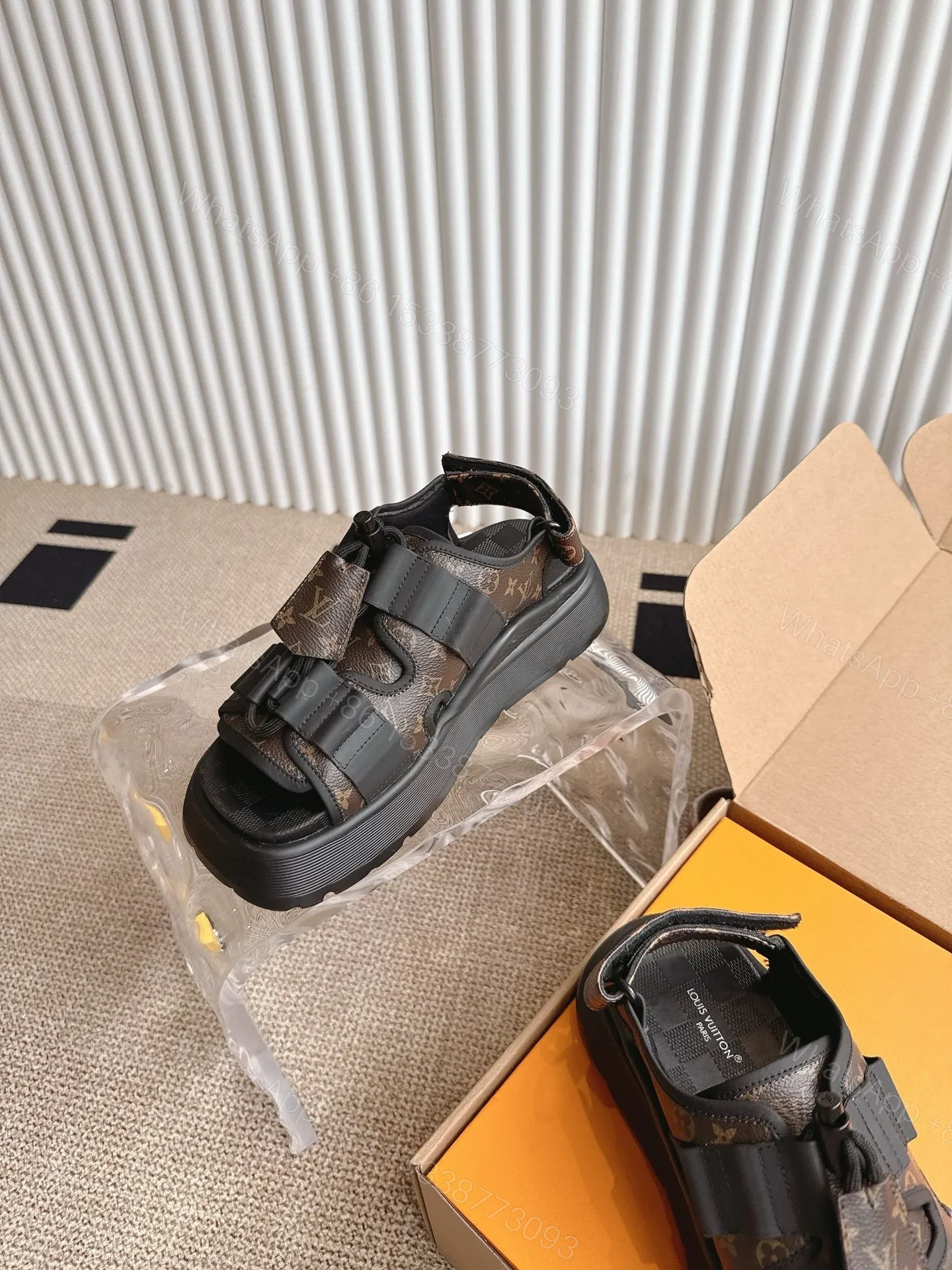 View 6 of LV Women Brown Leather Patterned Sandals