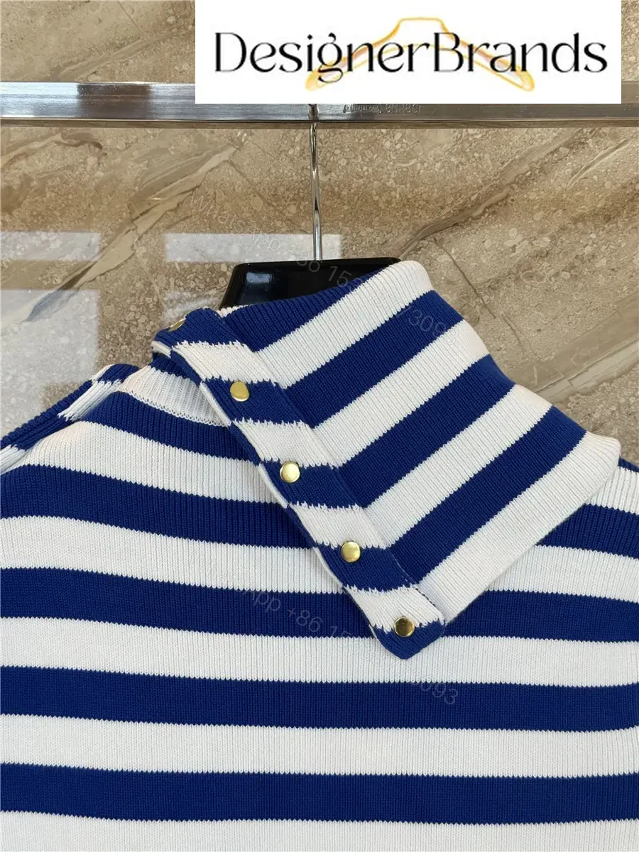 View 9 of Celine Classic Striped High-Neck Short-Sleeve Knit Top