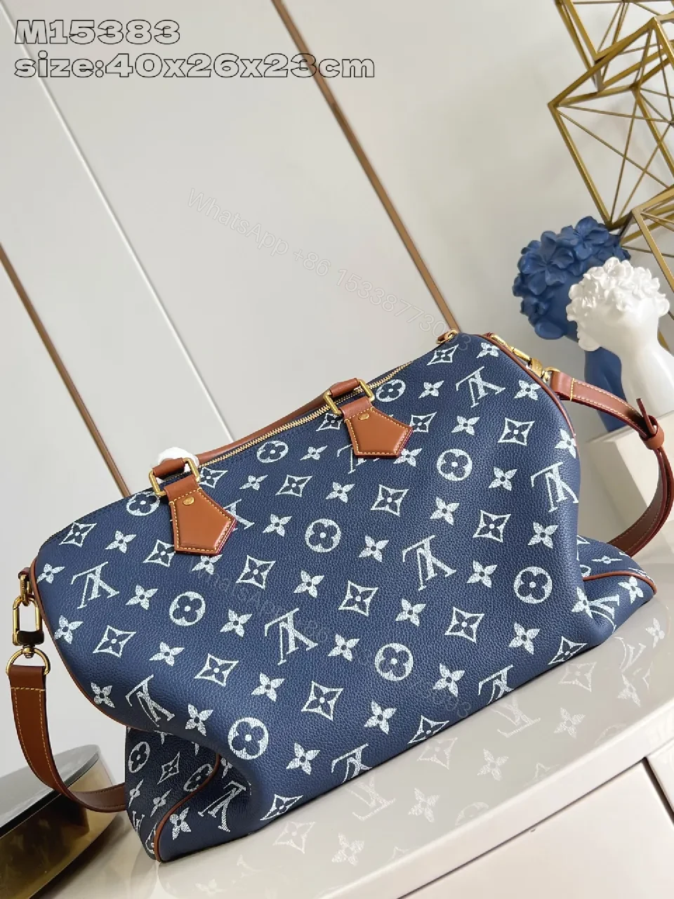 View 3 of Structured Luxe Carryall: Navy Monogram Tote with Cognac Leather