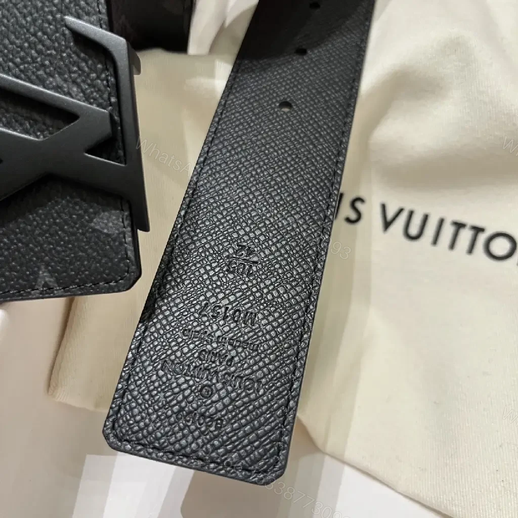 View 5 of Black Leather Modern Luxury Belt with LV Buckle Signature Pattern