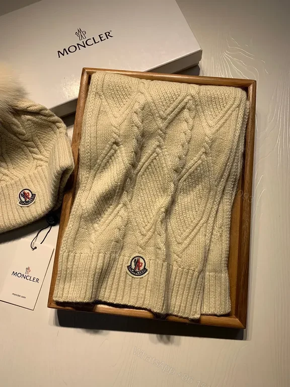 View 6 of Ivory Wool-Blend Moncler Beanie & Scarf Set, Cable Knit