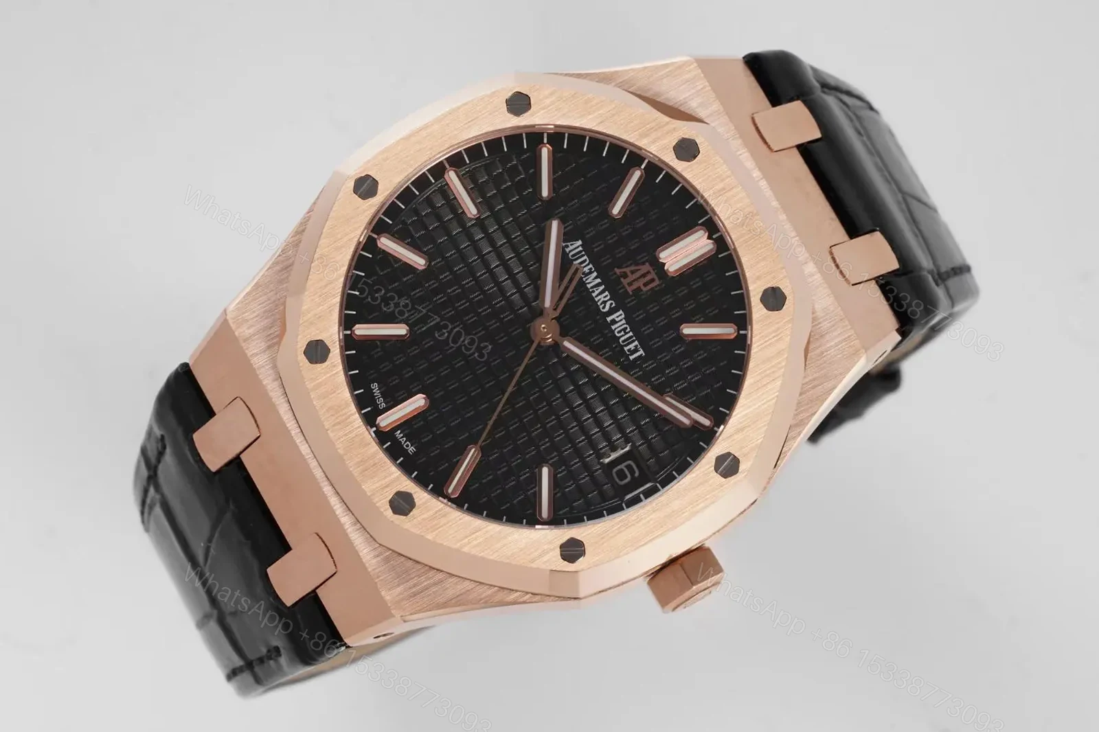 View 4 of BF Factory Audemars Piguet Royal Oak 15500 Rose Gold Black Dial Black Leather Strap Watch