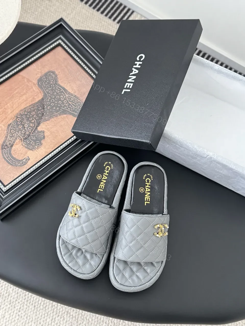 View 2 of Grey Quilted Mule & Slide Set - Lux Comfort, Gold Hardware