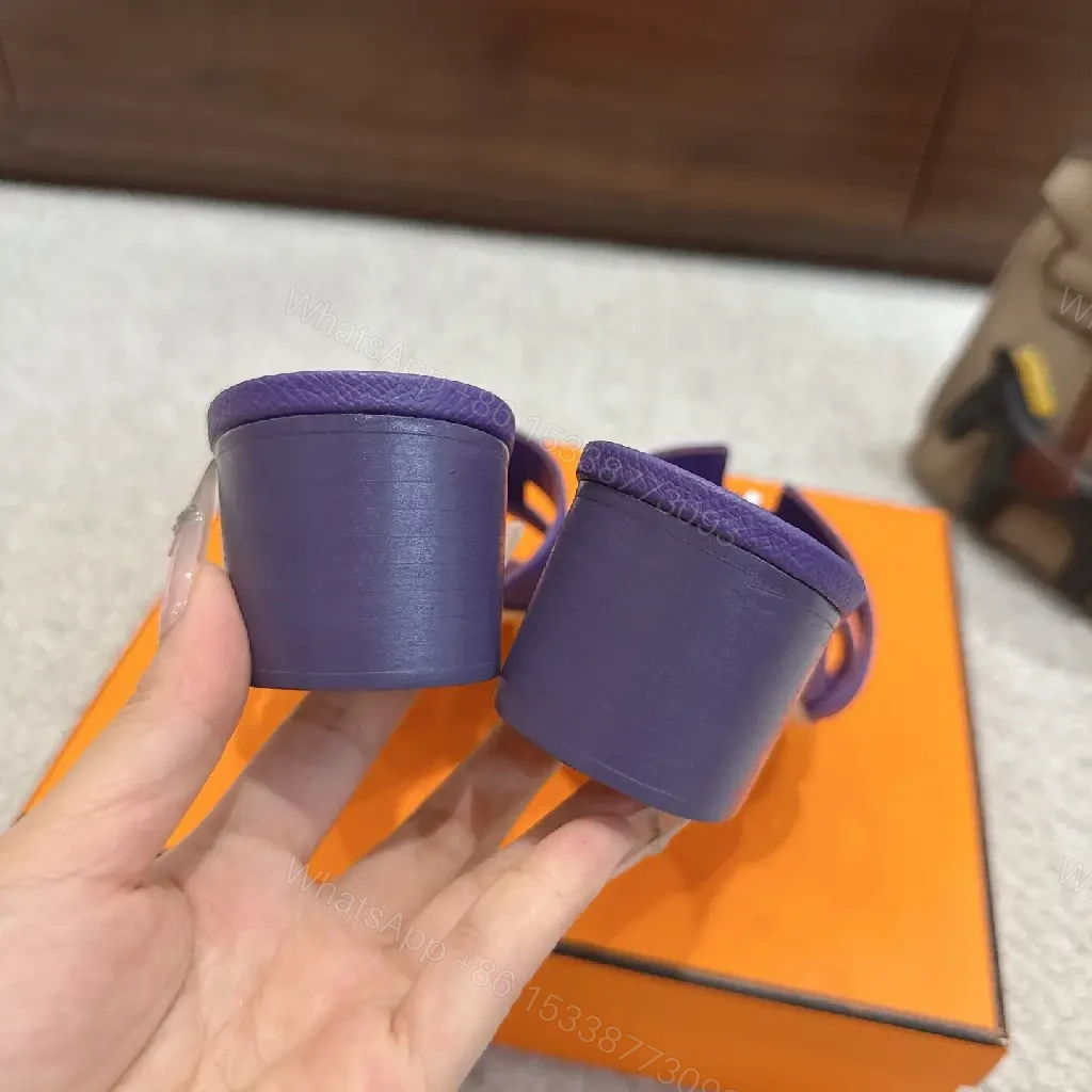 View 5 of Purple Leather Heeled Sandals Hermès-Style Slide Sandals