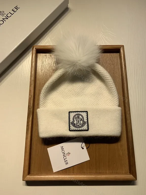View 4 of Chic White Knit Beanie with Faux Fur Pom-Pom, Moncler Style