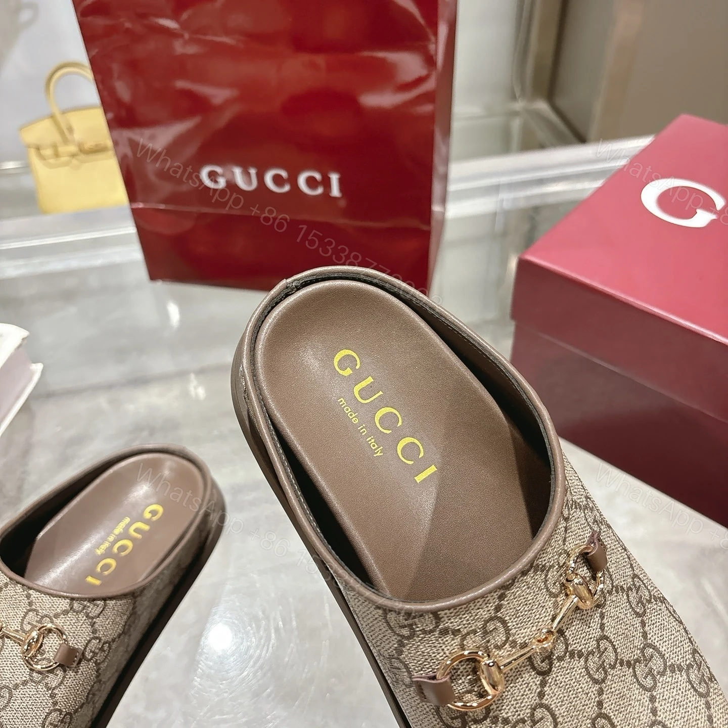 View 8 of GUCCI WOMEN MULE WITH HORSEBIT CAMEL AND DARK BROWN GG CANVAS 837130 FAB10 2543