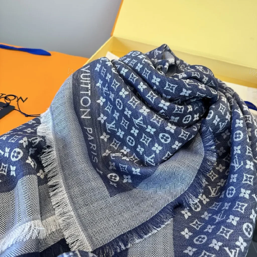 View 5 of Navy Monogram Scarf with Fringed Edge – Luxe Knit Wrap