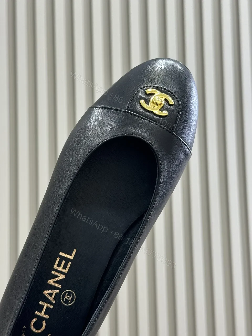 View 3 of Black Leather Ballet Flats with Gold Logo Detail, Comfortable, Dressy Style