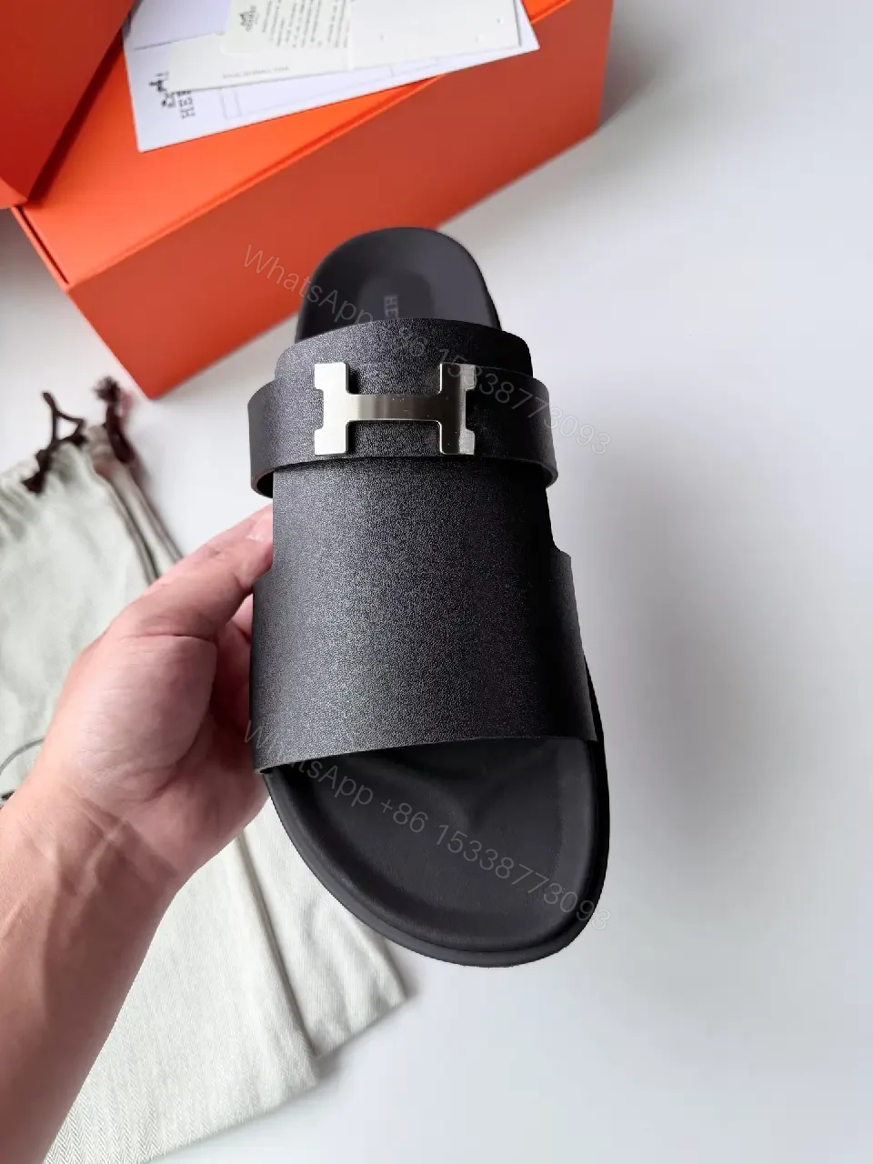 View 8 of Black Leather Slide Metal Buckle Modern Comfort Fit Sandals