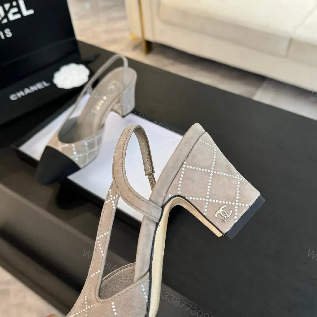 View 7 of Two-Tone Quilted Slingbacks: Neutral Beiges & Black Cap
