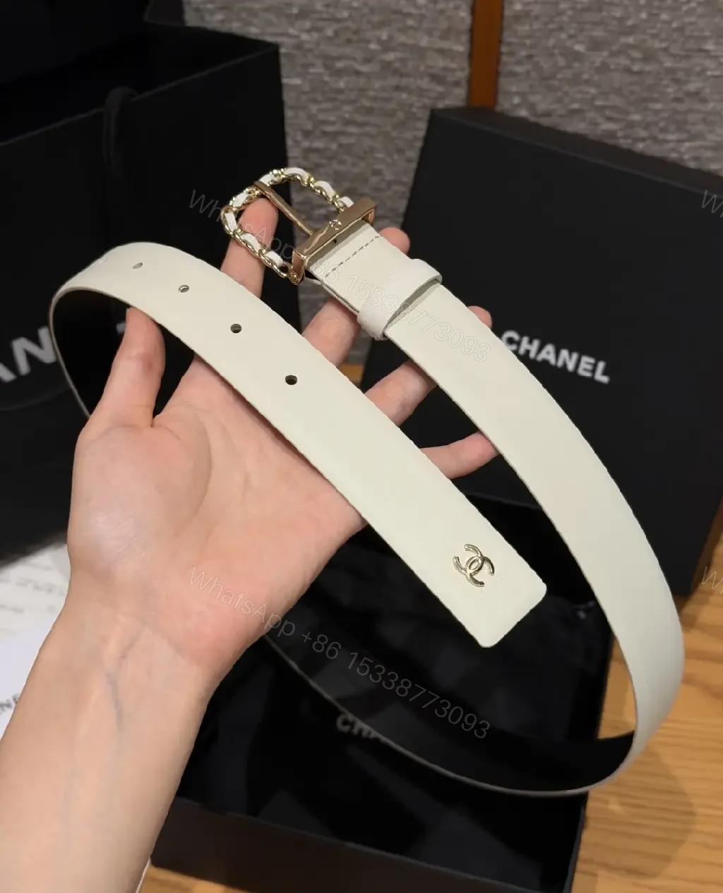 View 6 of White Leather Belt Gold Chain Buckle Modern Chic Chanel Logo Tag Belt
