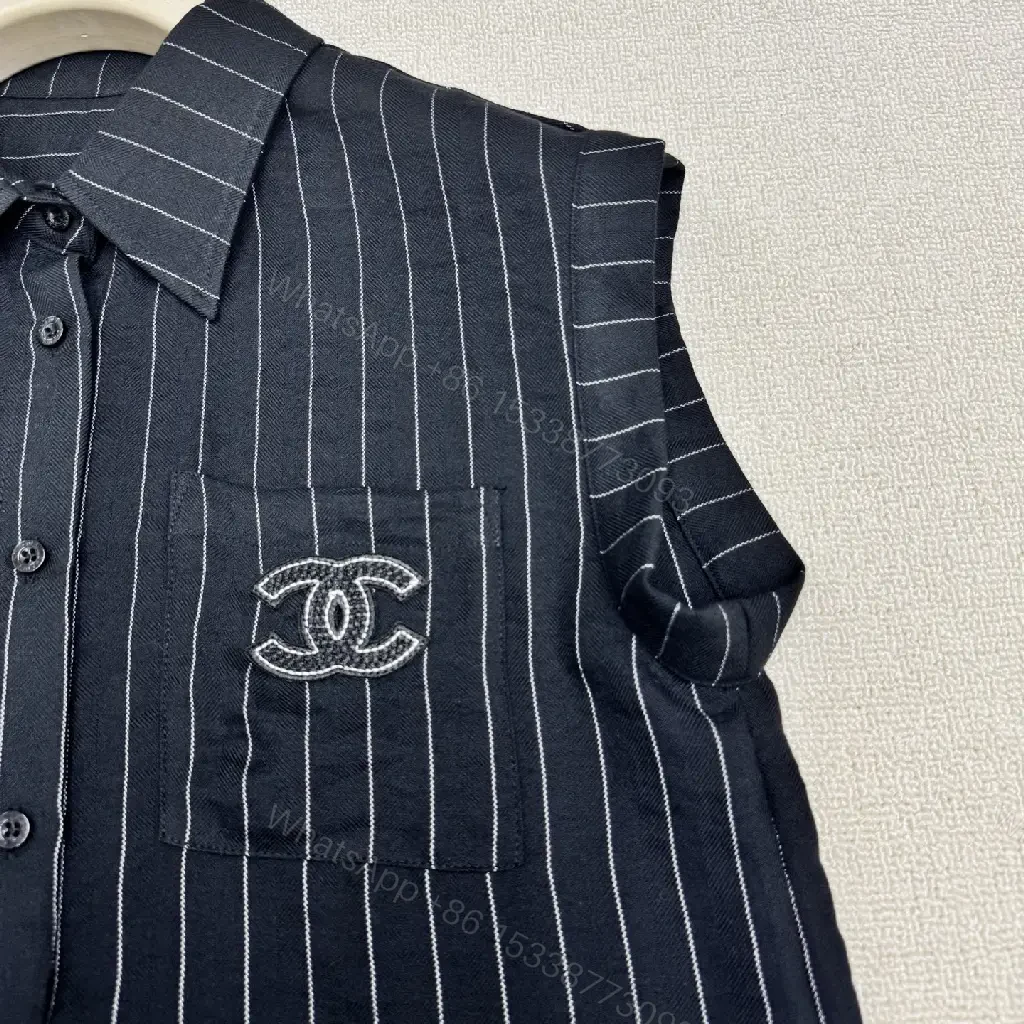View 5 of Navy Pinstripe Linen Set with Chanel Logo Pocketless Style