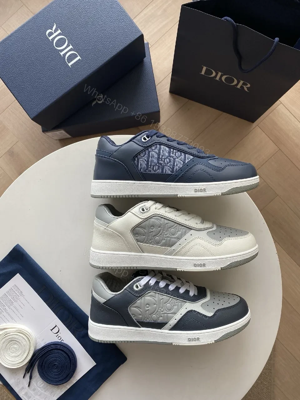 View 6 of Navy Leather Dior-Style Monogram Sneaker with Textured Panels