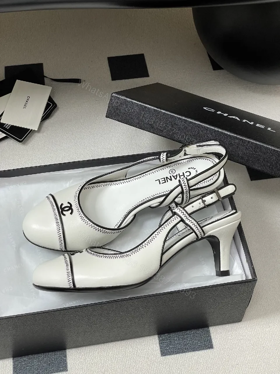 View 3 of White Leather Slingback Pumps with Contrast Stitching