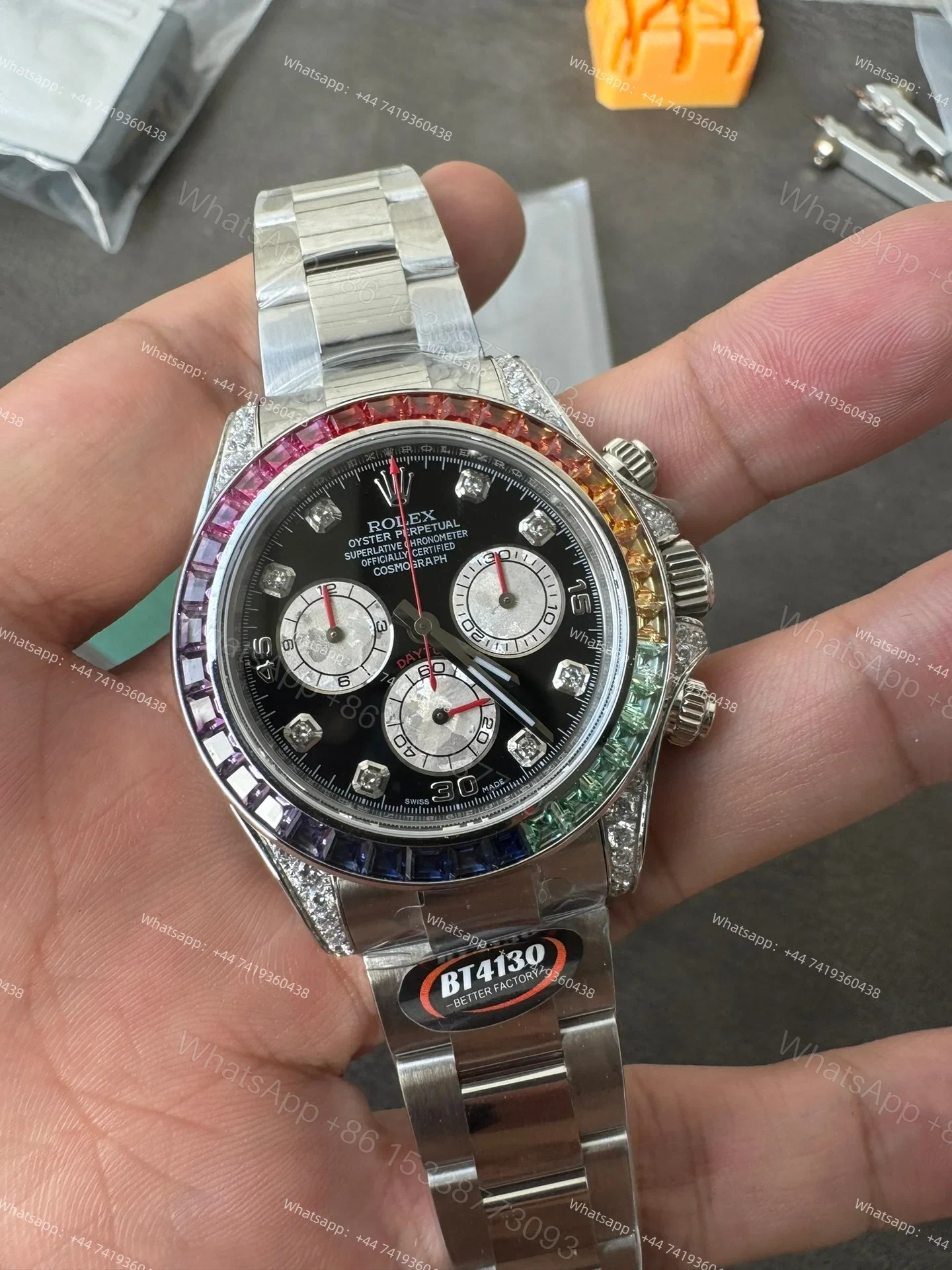 View 2 of Rolex Daytona 116599RBOW Rainbow Bezel 1:1 Replica – Black Diamond Dial Super Clone 4130