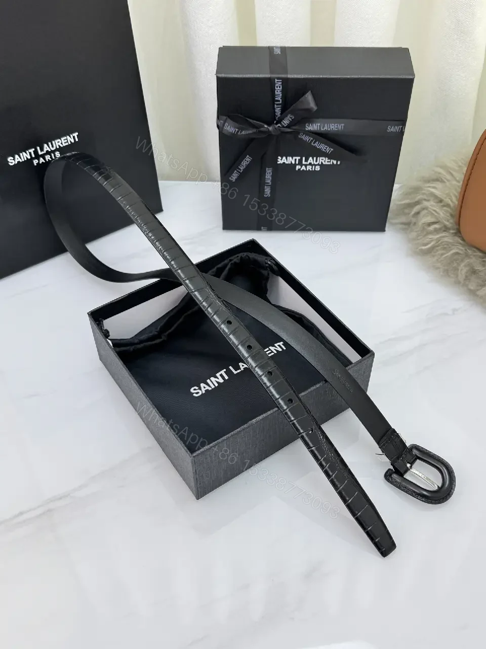 View 8 of Black Croc-Embossed Leather Belt, Silver Buckle, Elegant Saint Laurent Style
