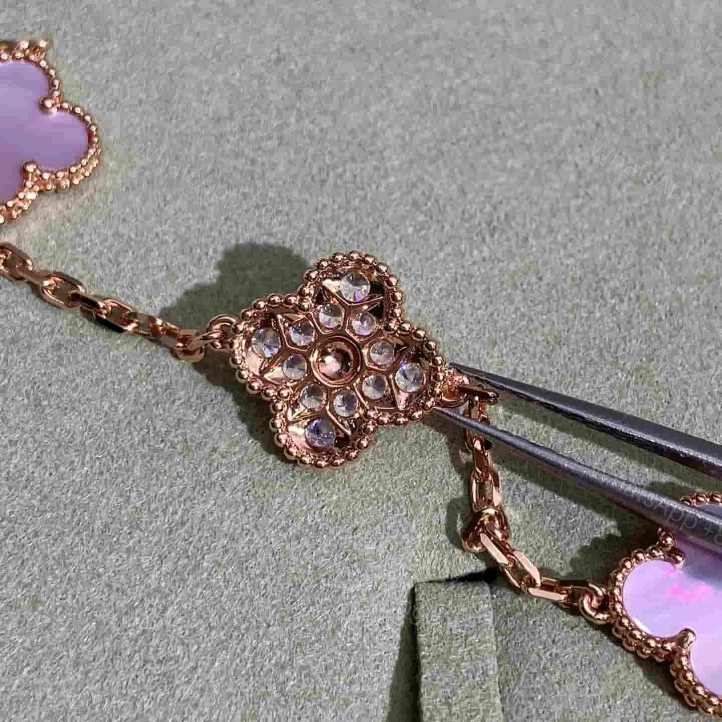 View 3 of VCA 18K Rose Gold Alhambra Necklace Pink Mother-Of-Pearl 10 Motifs Diamonds