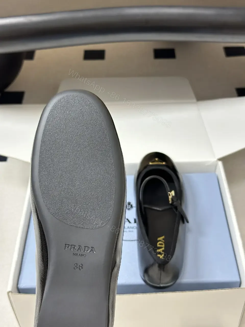 View 6 of Black Leather Ballerinas Prada Logo Classic Style Gossamer Comfort Shoes