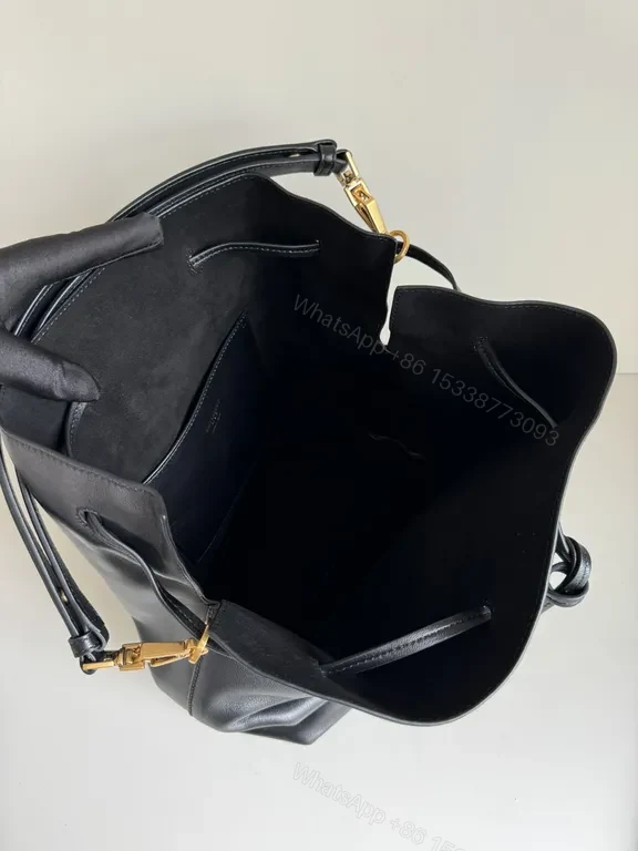 View 4 of Chic Leather Drawstring Bucket Bag with Gold Accent