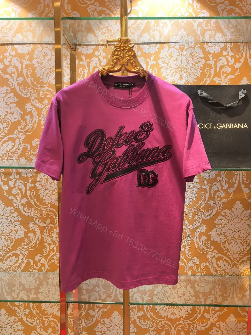 View 6 of Vivid Pink Cotton T-Shirt: Luxury Script Embroidery Shirt