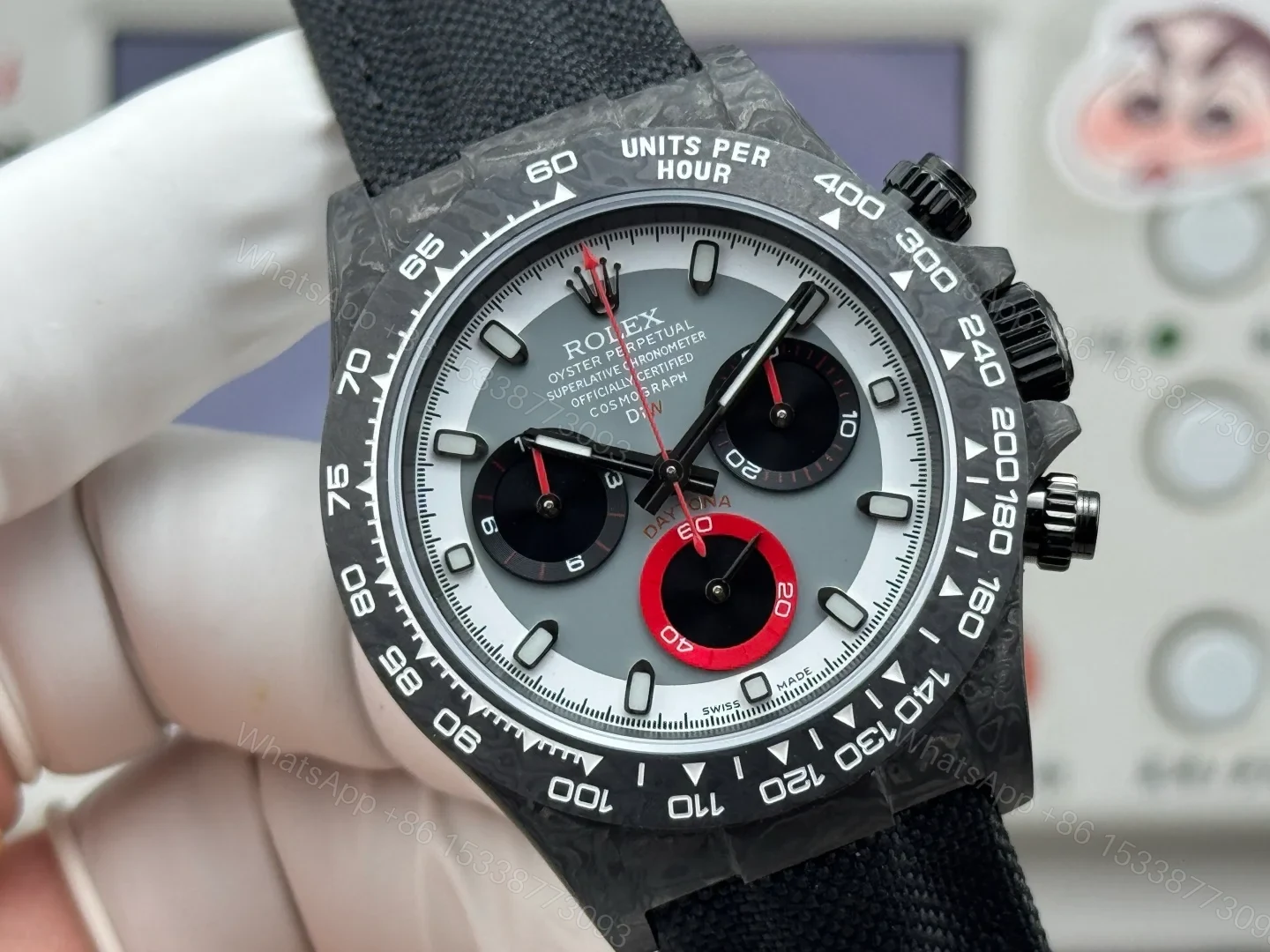 View 4 of Rolex Daytona Carbon Fiber Red Replica 40MM Premium Black Fabric Strap RG-ROLEX-DAYTONA-R74-RED