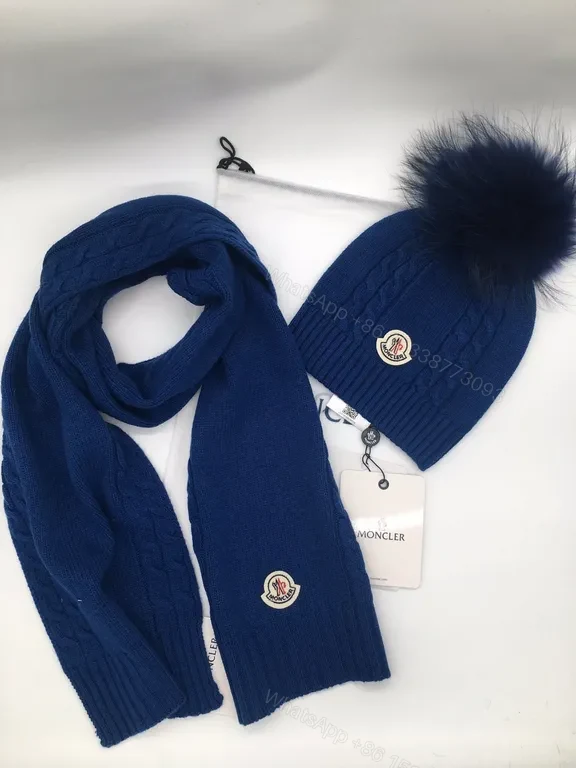 View 5 of Moncler Olive Knit Scarf & Beanie Set â€“ Premium Cable Knit with Faux Fur Pom